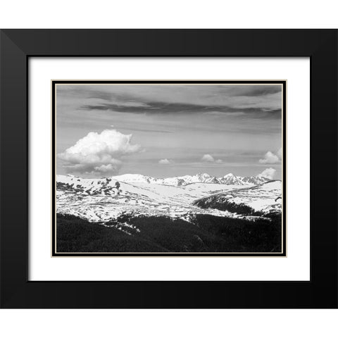 View at timberline, dark foreground, light snow capped mountain, gray sky, in Rocky Mountain Nationa Black Modern Wood Framed Art Print with Double Matting by Adams, Ansel