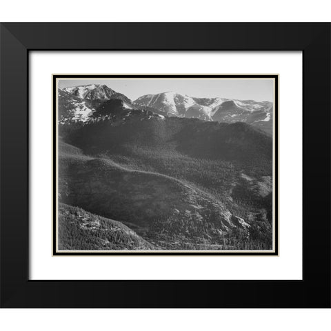 View of wooded hills with mountains in background, in Rocky Mountain National Park, Colorado, ca. 19 Black Modern Wood Framed Art Print with Double Matting by Adams, Ansel