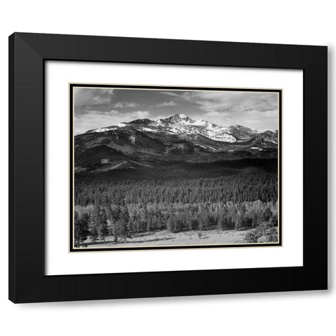 Trees in foreground, snow covered mountain in background, in Rocky Mountain National Park, Colorado, Black Modern Wood Framed Art Print with Double Matting by Adams, Ansel