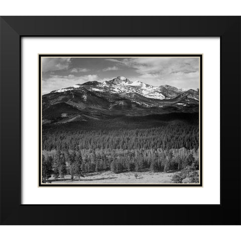 Trees in foreground, snow covered mountain in background, in Rocky Mountain National Park, Colorado, Black Modern Wood Framed Art Print with Double Matting by Adams, Ansel