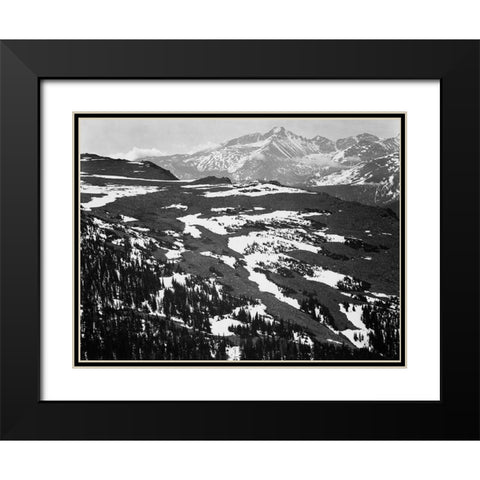 View of plateau, snow covered mountain in background, Longs Peak,  in Rocky Mountain National Park,  Black Modern Wood Framed Art Print with Double Matting by Adams, Ansel