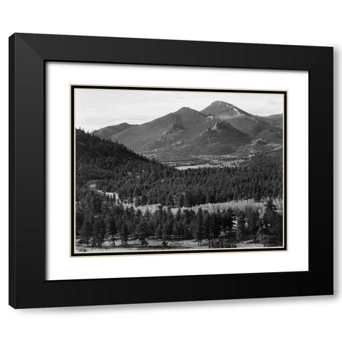 View with trees in foreground, barren mountains in background,  in Rocky Mountain National Park, Col Black Modern Wood Framed Art Print with Double Matting by Adams, Ansel