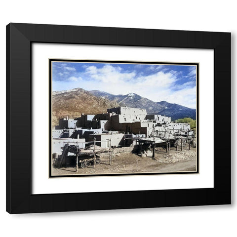 Full view of city-mountains in background-Taos Pueblo National Historic Landmark Color Black Modern Wood Framed Art Print with Double Matting by Adams, Ansel