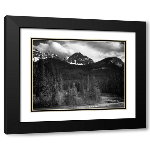 View of streamside trees and snow on mountains - Northeast Portion, Yellowstone National Park, Wyomi Black Modern Wood Framed Art Print with Double Matting by Adams, Ansel