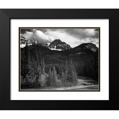 View of streamside trees and snow on mountains - Northeast Portion, Yellowstone National Park, Wyomi Black Modern Wood Framed Art Print with Double Matting by Adams, Ansel