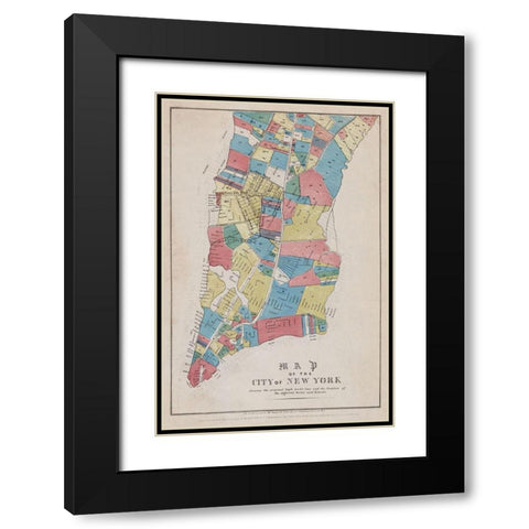 Map of the City of New York showing original high water line and the location of different Farms and Black Modern Wood Framed Art Print with Double Matting by New York Common Council