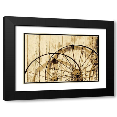 Old wagon wheels against a shed in Buffalo Gap Historic Village, near Abilene, TX - Sepia Black Modern Wood Framed Art Print with Double Matting by Highmith, Carol