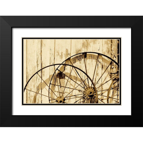 Old wagon wheels against a shed in Buffalo Gap Historic Village, near Abilene, TX - Sepia Black Modern Wood Framed Art Print with Double Matting by Highmith, Carol