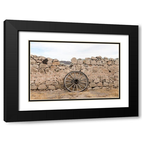 Wagon wheel against a stone fence at Hueco Tanks State Park, northwest of El Paso, TX Black Modern Wood Framed Art Print with Double Matting by Highmith, Carol