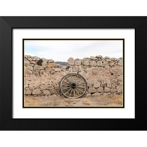 Wagon wheel against a stone fence at Hueco Tanks State Park, northwest of El Paso, TX Black Modern Wood Framed Art Print with Double Matting by Highmith, Carol