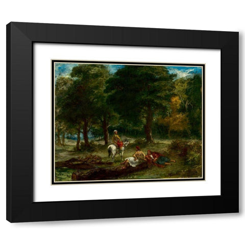Greek Cavalry Men Resting in Forest Black Modern Wood Framed Art Print with Double Matting by Delacroix, Eugene