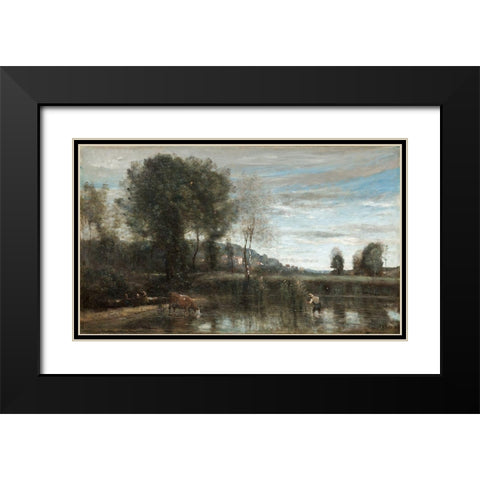 Pond at Ville-dAvray Black Modern Wood Framed Art Print with Double Matting by Corot, Jean Baptiste Camille