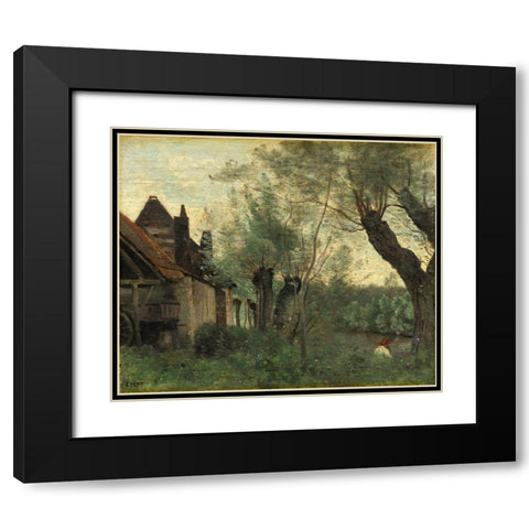 Willows and Farmhouse at Sainte-Catherine-les-Arras Black Modern Wood Framed Art Print with Double Matting by Corot, Jean Baptiste Camille