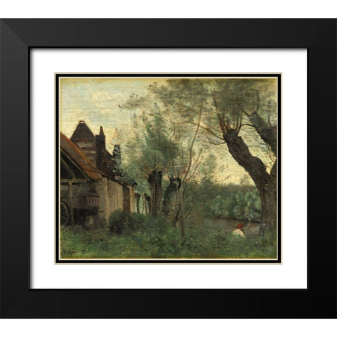 Willows and Farmhouse at Sainte-Catherine-les-Arras Black Modern Wood Framed Art Print with Double Matting by Corot, Jean Baptiste Camille