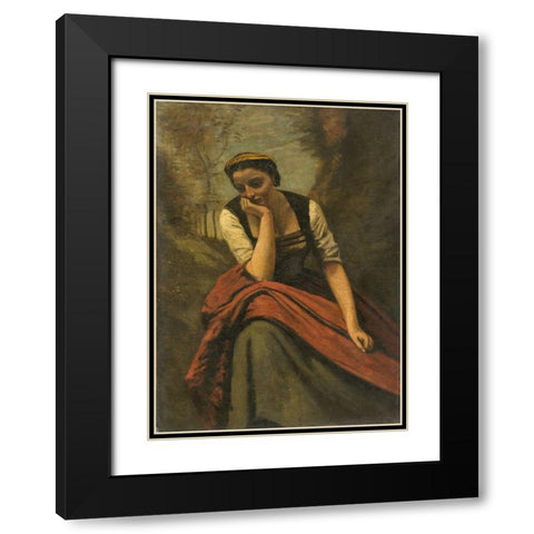 Woman Meditating Black Modern Wood Framed Art Print with Double Matting by Corot, Jean Baptiste Camille