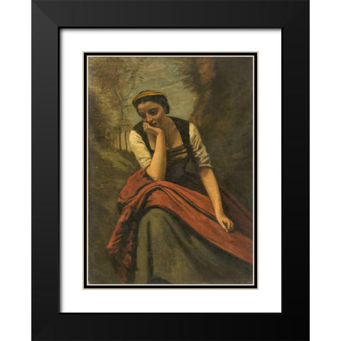 Woman Meditating Black Modern Wood Framed Art Print with Double Matting by Corot, Jean Baptiste Camille