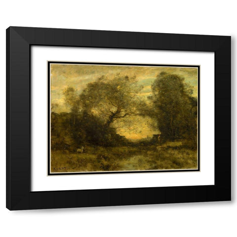 The Pond at the Entrance of the Woods Black Modern Wood Framed Art Print with Double Matting by Corot, Jean Baptiste Camille