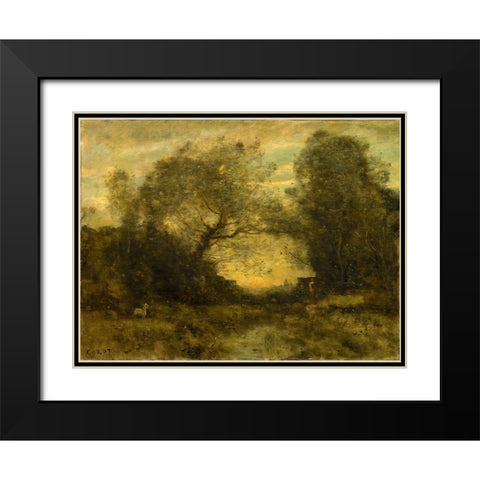 The Pond at the Entrance of the Woods Black Modern Wood Framed Art Print with Double Matting by Corot, Jean Baptiste Camille