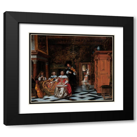 Portrait of a Family Playing Music Black Modern Wood Framed Art Print with Double Matting by Hooch, Pieter de