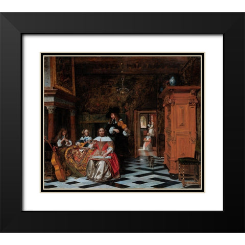 Portrait of a Family Playing Music Black Modern Wood Framed Art Print with Double Matting by Hooch, Pieter de