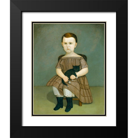 Martha Bartlett with Kitten Black Modern Wood Framed Art Print with Double Matting by American 1860