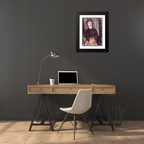 Seated girl in striped skirt Black Modern Wood Framed Art Print with Double Matting by Modigliani, Amedeo