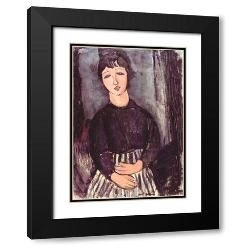 Seated girl in striped skirt Black Modern Wood Framed Art Print with Double Matting by Modigliani, Amedeo