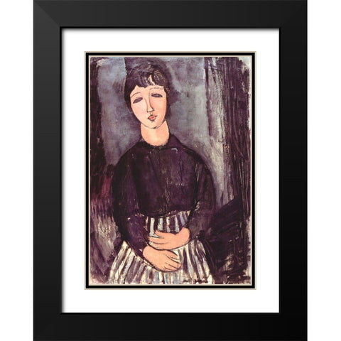 Seated girl in striped skirt Black Modern Wood Framed Art Print with Double Matting by Modigliani, Amedeo