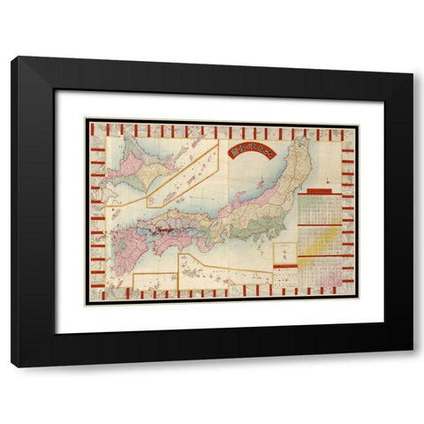 Japan with Points of Interest and table of Counties Black Modern Wood Framed Art Print with Double Matting by Vintage Maps