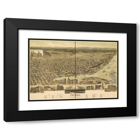 Tacoma-Washington 1890 Black Modern Wood Framed Art Print with Double Matting by Vintage Maps