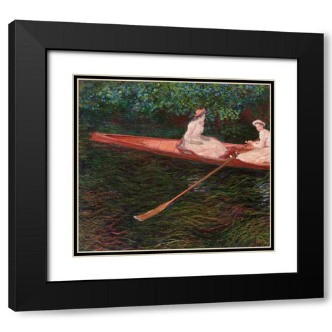 Canoe Black Modern Wood Framed Art Print with Double Matting by Monet, Claude