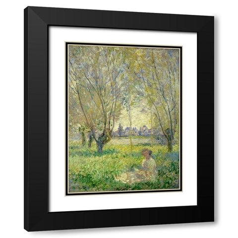 Woman Seated under the Willows Black Modern Wood Framed Art Print with Double Matting by Monet, Claude