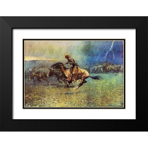 The Stampede Black Modern Wood Framed Art Print with Double Matting by Remington, Frederic