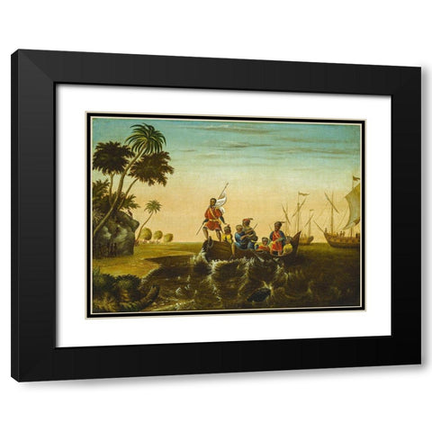 The Landing of Columbus Black Modern Wood Framed Art Print with Double Matting by Hicks, Edward