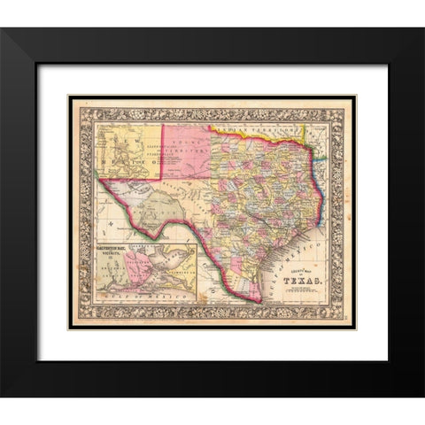 County Map Of Texas, 1864 Black Modern Wood Framed Art Print with Double Matting by Mitchell, Samuel Augustus