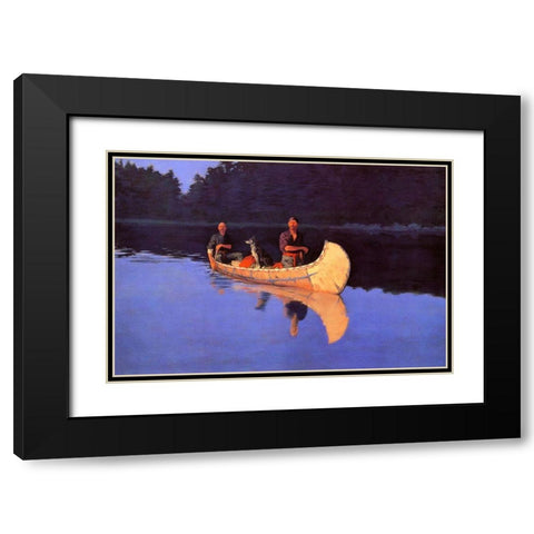 Evening On A Canadian Lake-Two men and a dog in a canoe Black Modern Wood Framed Art Print with Double Matting by Remington, Frederic