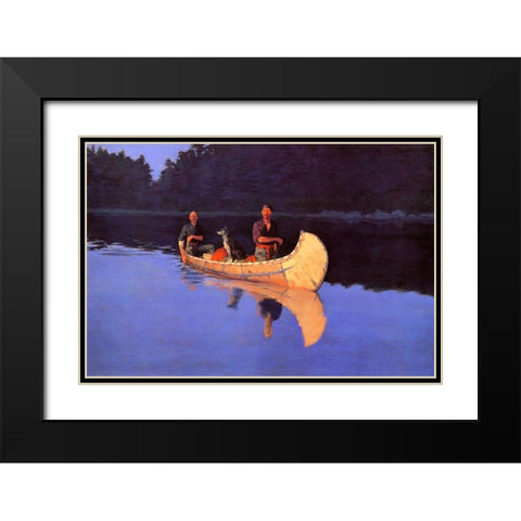 Evening On A Canadian Lake-Two men and a dog in a canoe Black Modern Wood Framed Art Print with Double Matting by Remington, Frederic