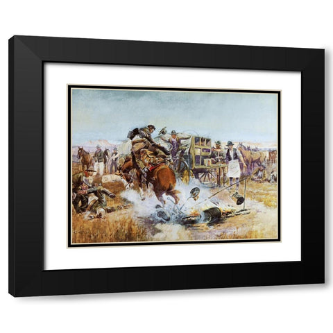 Bronc to Breakfast Black Modern Wood Framed Art Print with Double Matting by Russell, Charles Marion