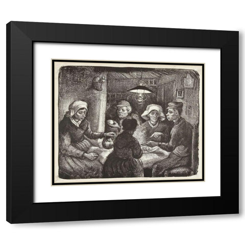 Composition lithograph of The Potato Eaters (De aardappeleters, 1885) Black Modern Wood Framed Art Print with Double Matting by Van Gogh, Vincent