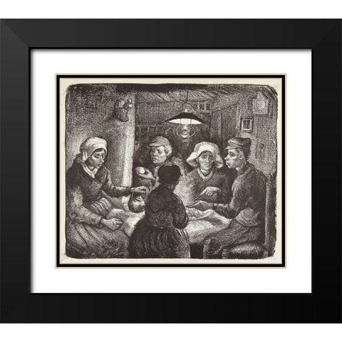 Composition lithograph of The Potato Eaters (De aardappeleters, 1885) Black Modern Wood Framed Art Print with Double Matting by Van Gogh, Vincent