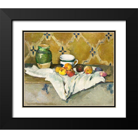 Still Life with Jar, Cup, and Apples  Black Modern Wood Framed Art Print with Double Matting by Cezanne, Paul