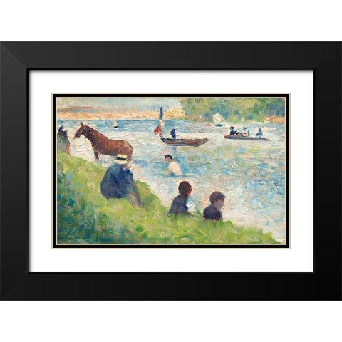 Horse and Boats Black Modern Wood Framed Art Print with Double Matting by Seurat, Georges