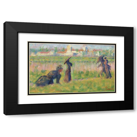 Figures in a Landscape Black Modern Wood Framed Art Print with Double Matting by Seurat, Georges