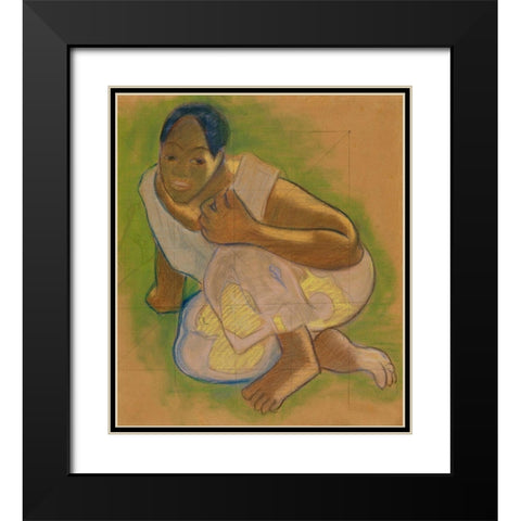 Crouching Tahitian Woman Black Modern Wood Framed Art Print with Double Matting by Gauguin, Paul