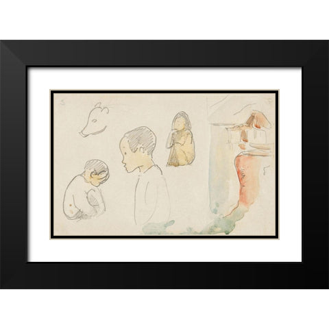 Sketches of Crouching and Standing Figures, a Pig, and a Hut at Water?s Edge Black Modern Wood Framed Art Print with Double Matting by Gauguin, Paul