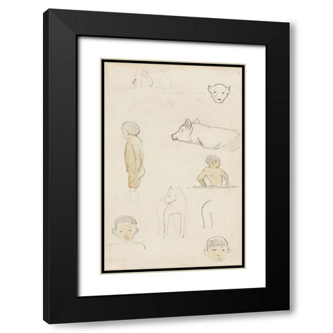 Sketches of Standing Figures and Animals Black Modern Wood Framed Art Print with Double Matting by Gauguin, Paul
