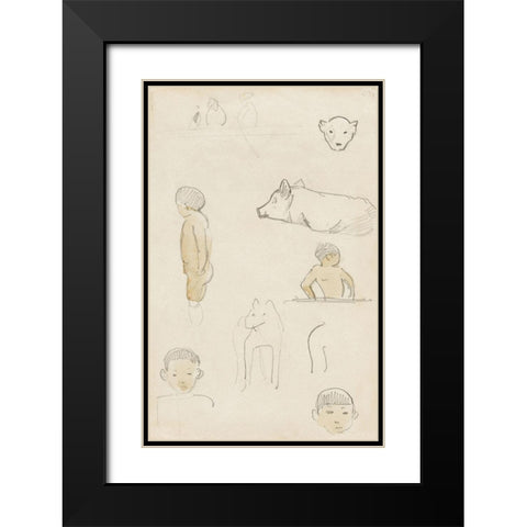 Sketches of Standing Figures and Animals Black Modern Wood Framed Art Print with Double Matting by Gauguin, Paul