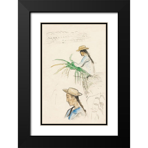 Sketches of Figures, Pandanus Leaf, and Vanilla Plant Black Modern Wood Framed Art Print with Double Matting by Gauguin, Paul