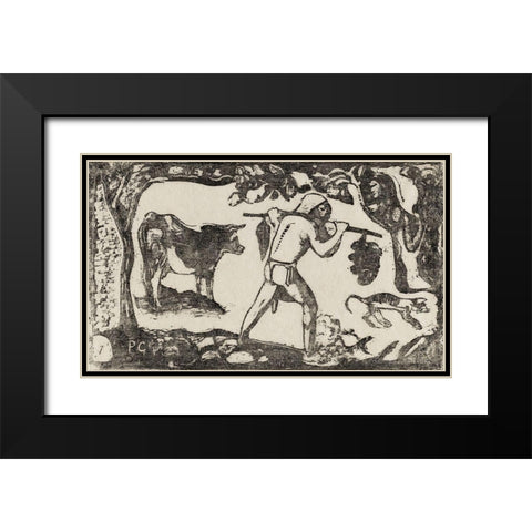 Tahitian Carrying Bananas, from the Suite of Late Wood-Block Black Modern Wood Framed Art Print with Double Matting by Gauguin, Paul