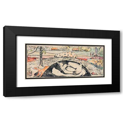 She Thinks of the Ghost or The Ghost Thinks of Her (Manao tupapau) Black Modern Wood Framed Art Print with Double Matting by Gauguin, Paul
